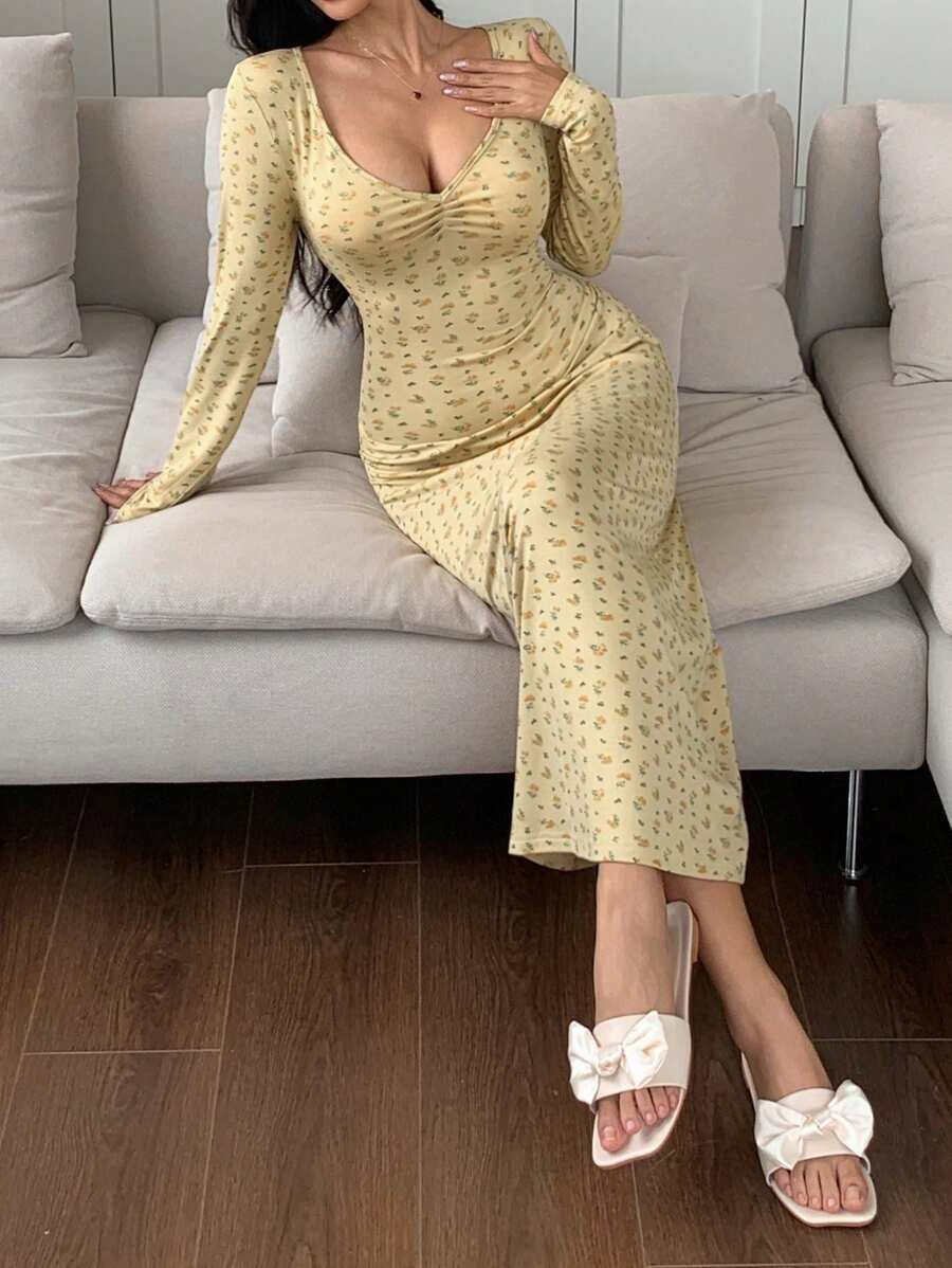 DAZY Long Ditsy Floral V-Neck Cinched Waist Nightgown,Back To School Pajama, Fall, Winter - Yellow - View 1
