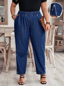 EMERY ROSE 大码纯色弹性腰带口袋休闲水钻装饰牛仔裤