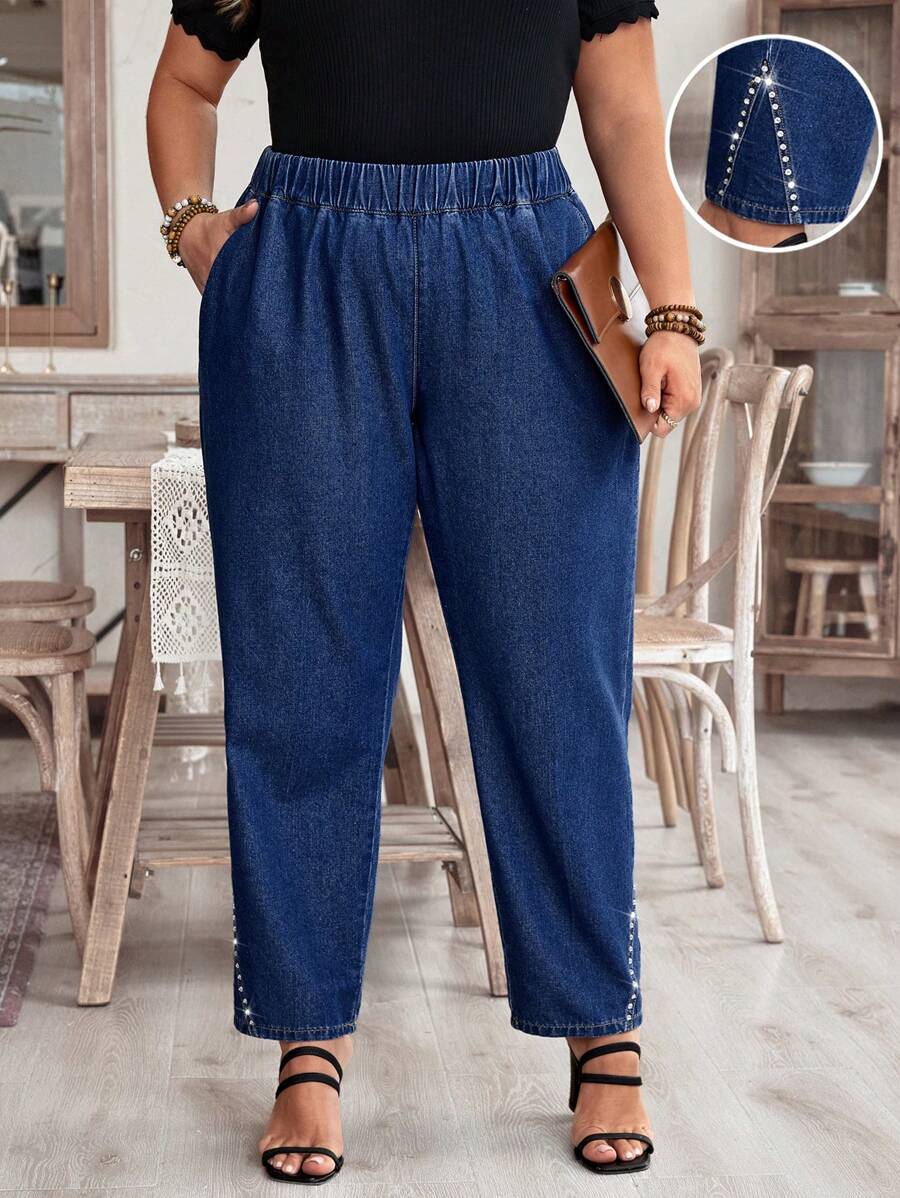 EMERY ROSE 大码纯色弹性腰带口袋休闲水钻装饰牛仔裤