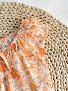 Loomiva Baby Girl Floral Print Knit Soft Round Neck Ruffle Hem Sleeveless Bodysuit - Orange - View 4
