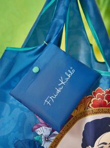 Frida Kahlo X SHEIN Túi Tote Mua Sắm Gấp Gọn Hình Đồ Họa Làm Bằng Sợi Polyester, Có Túi Đính Hạt Nhỏ Có Thể Gắn Vào Túi - Màu xanh lam - Xem 3