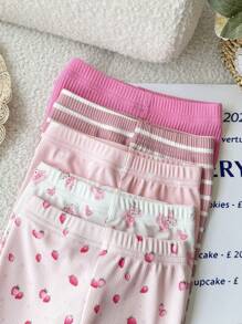 SHEIN Vintaside Kids Bộ 5 quần lót in họa tiết sọc hình gấu trái tim cho bé gái, phù hợp mặc hàng ngày, thích hợp cho mùa xuân/hè - Hồng - Xem 5