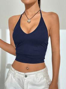 SHEIN EZwear Summer Navy Blue Solid Ruched Side Crop Halter Y2k Tops - Navy Blue - View 6
