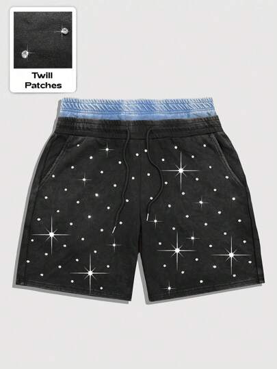 Street Life Men's Drawstring Waist Rhinestone Decoration Loose Cargo Shorts