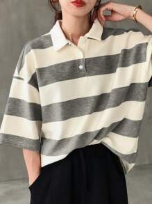FRIFUL Áo thun nữ tay ngắn cổ polo dáng rộng kẻ sọc đen trắng, thích hợp mặc mùa hè. - Xám - Xem 4