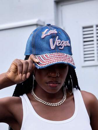 Grunge Punk 1pc Punk & Spice Look Rhinestone Studded Dark Denim Baseball Cap, Y2K Design Retro Pink Letter Pattern Colorful Rhinestone Snapback Hat, Adjustable Casual Stylish Accessory