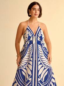 CAJUNI Women Vacation Tropical Boho Blue And White Print Spaghetti Strap Lace Up Casual Beach Summer Maxi Dress - Blue and White - View 4