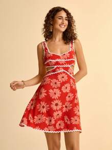 CAJUNI Lace Trim & Hollow-Out Red Beach Mini Dress For Summer Holiday - Multicolor - View 1