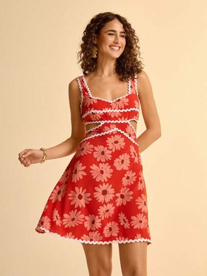 CAJUNI 蕾丝边镂空红色沙滩迷你连衣裙，适合夏季度假