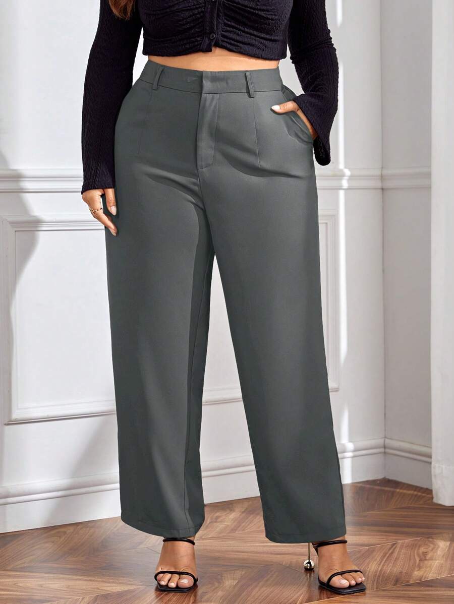 Firerie Women's Plus Size Simple Solid Color Slant Pocket Straight Casual Suit Pants In Spring To Summer - Grey - View 1