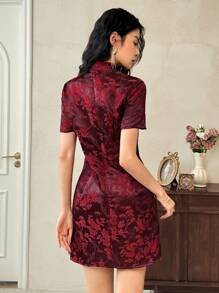 EastFlair Women Floral Print Short Sleeve Mini Dress Women Summer Clothes Dress Women Dresses Elegant Gown Cheongsam Dress Qipao Dress Chinese Dress Asian Dress Floral Cheongsam