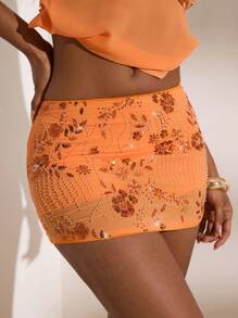 Opulessa Sequin Solid Color Woven Low-Waist Rhinestone Decorated Glitter Fashionable Women Skirt, Holiday Vacation,Bohemian,Club Sexy,Autumn Winter, Christmas, National Day, New Year, Going Out,Sexy Elegant Party,Graduation,Prom,Luxury Evening - Orange - View 5