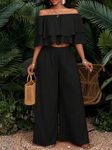 SHEIN Lady Bộ 2 món gồm áo và chân váy trễ vai màu trơn dành cho nữ, thời trang cho mùa hè. - màu đen - Xem 3