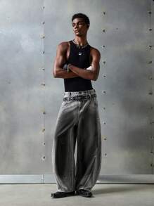 NEON BLANC Men's Loose Fit Long Black Embroidered Gradient Woven Jeans, Streetwear Style