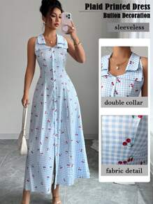 Selianne 无袖条纹波西米亚风度假连衣裙，独特领口，系带腰部，A 字廓形，樱桃纽扣，适合夏季音乐节 - 藍色 - 查看 1