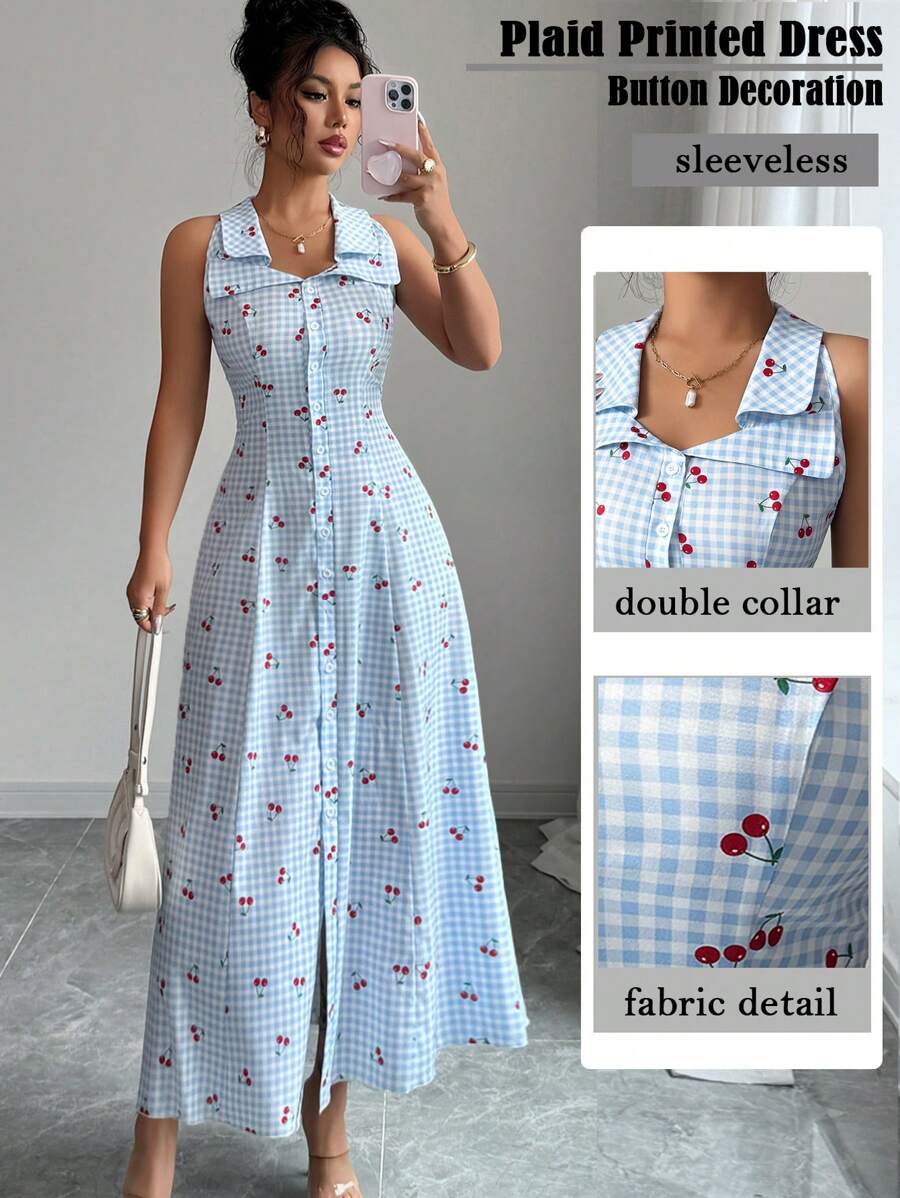 Selianne 无袖条纹波西米亚风度假连衣裙，独特领口，系带腰部，A 字廓形，樱桃纽扣，适合夏季音乐节 - 藍色 - 查看 1