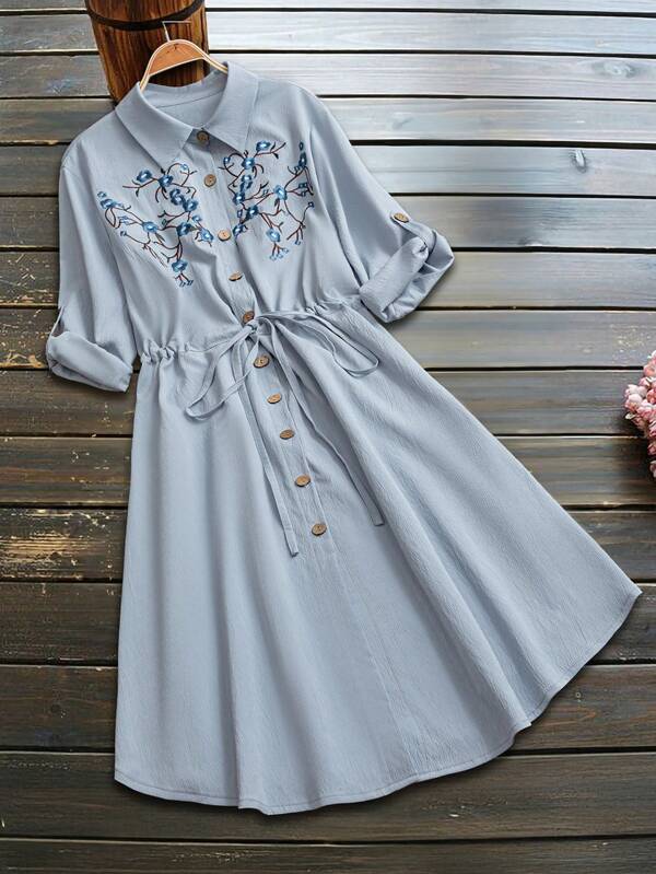 Linhara Plus Size Women Floral Embroidered Single-Breasted Casual Shirt Dress With Rolled Sleeves