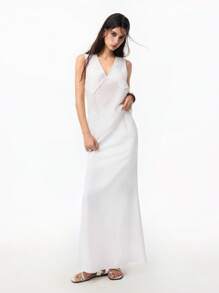 LYSMO 2025 春夏新款女士高端时尚白色缎面 A 字修身美人鱼长裙，适合浪漫约会、简约休闲风格、轻松度假和波西米亚风 - 白色 - 查看 8