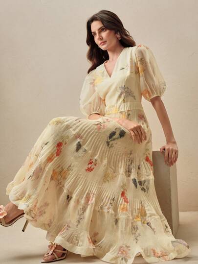 Anewsta Floral Print Puff Sleeve Ruffle Hem Dress