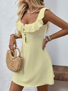 EMERY ROSE Women's Simple Solid Color Square Neck Ruffle Trim Summer Dress