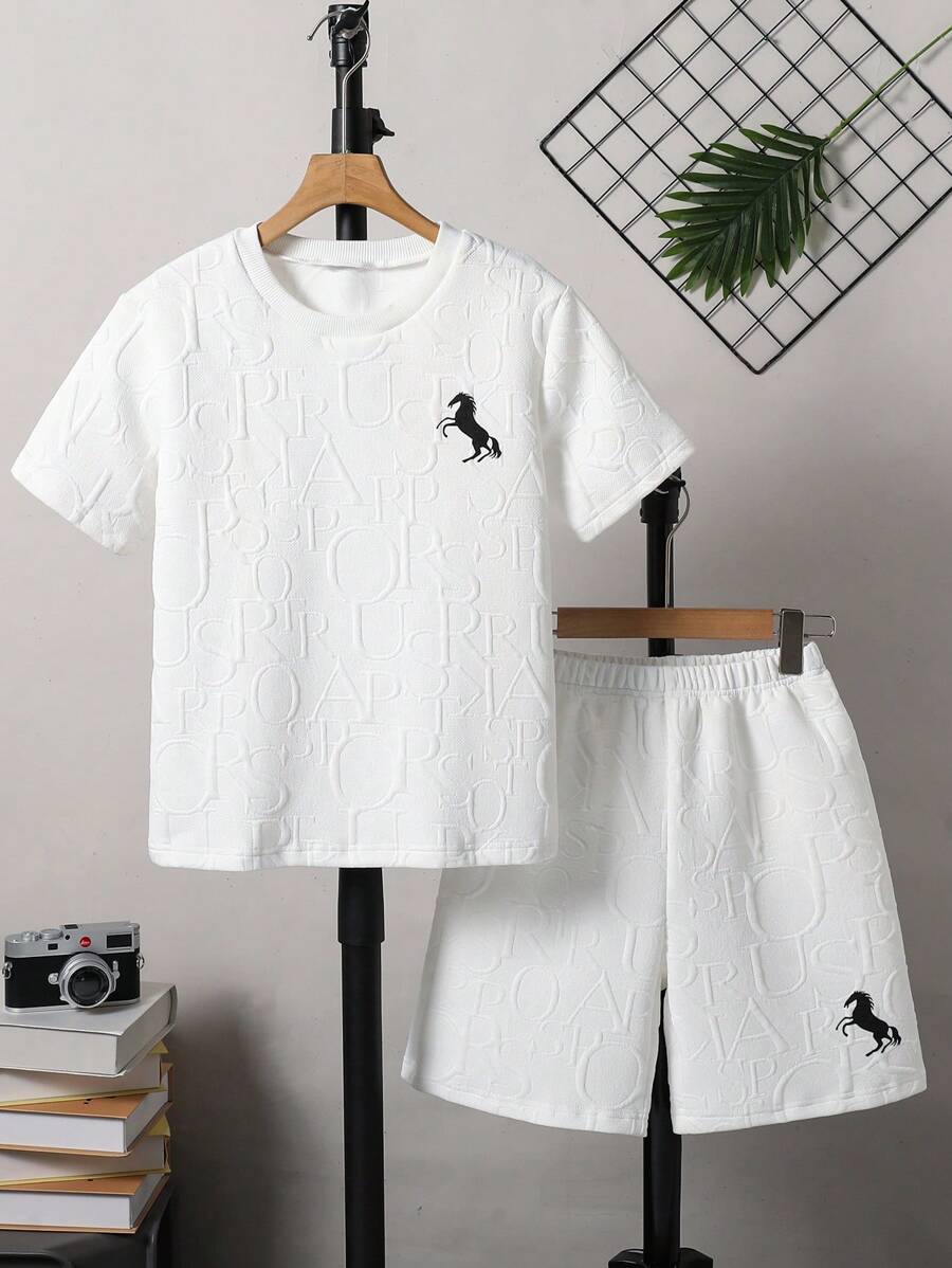 Vacaura Boy Summer Outfit 2pcs Tween Boys Fashion White Embroidered T-Shirt Set, Suitable For Summer Casual Wear, Photo Shooting, School, Cool Tween BoysOutfit Young Boys Suit Set Boys Clothes Cotton Boy Clothes Set Boy Clothes Sets Boys Clothes Sets - White - View 1