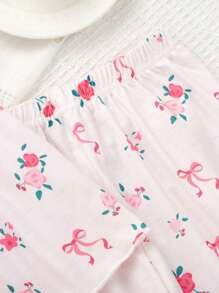 SHEIN Girls Pink Flower Printed Ruffle Trim Pajama Set