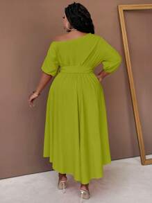 Maweii Vestido largo asimétrico tipo línea "A" con cinturón y cuello asimétrico para mujer de talla grande - Verde Oliva - Ver 2
