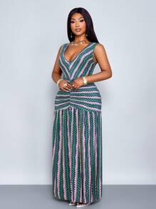 SOLERSUN 大码几何纹理印花 V 领开衩无袖连衣裙紧身连衣裙西部风春夏