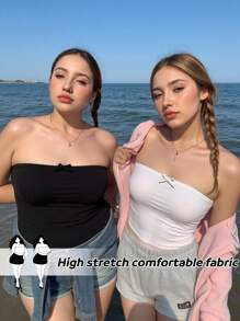 Veykashi 2pcs Plus Size Women Casual Bow Decor Cropped Top, Slim Fit, Suitable For Summer - Black and White - View 1