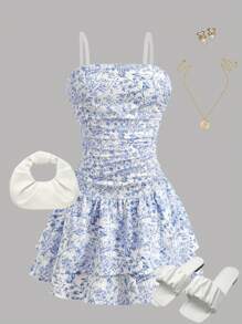 Tween Girls Loose Casual Stripe Strap Side Ruffle Hem A-Line Dress