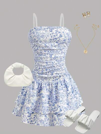 Vestido con volantes en el bajo, estilo línea A, casual y holgado con tirantes a rayas para chicas preadolescentes