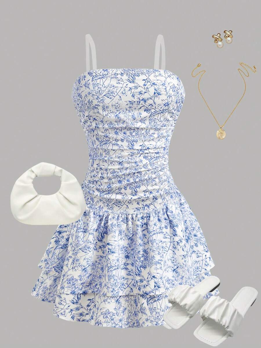 Tween Girls Loose Casual Stripe Strap Side Ruffle Hem A-Line Dress