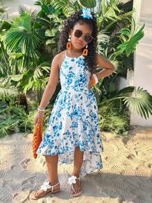 Váy hở vai cổ tròn họa tiết hoa đơn giản cho bé gái tuổi teen đi nghỉ mát - Xanh và trắng - Xem 5