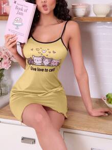 女式夏季可爱猫咪与口号图案撞色绑带睡袍