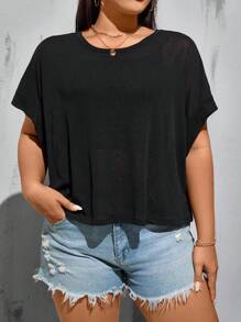 SHEIN Essnce Áo thun tay ngắn hở lưng, thoáng khí, thoải mái hàng ngày, chất liệu vải thoáng khí, thoáng khí, thời trang xuân hè cỡ lớn cho nữ, Y2k, trang phục dạo phố, áo đi chơi, mùa hè châu Âu, cho ngày tựu trường - màu đen - Xem 4