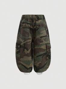 SHEIN Baby Boys' Street Cool Washed Camo Cargo Pocket Loose Fit Denim Jeans,Casual And Versatile For Baby Boys Fall/Winter Clothes