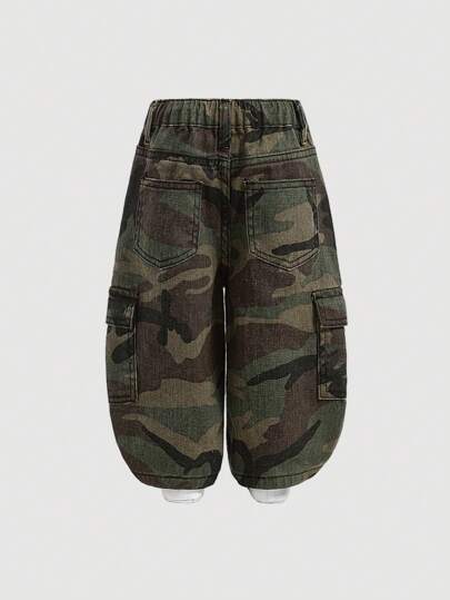 SHEIN Quần Jeans Denim Túi Cargo Camo Rửa Sạch Phong Cách Đường Phố Cho Bé Trai, Đơn Giản Và Đa Năng Cho Quần Áo Thu/Đông Cho Bé Trai