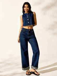 Easelle 女士夏季休闲磨边纽扣装饰背心和直筒牛仔裤套装，蓝色 - 藍色 - 查看 2