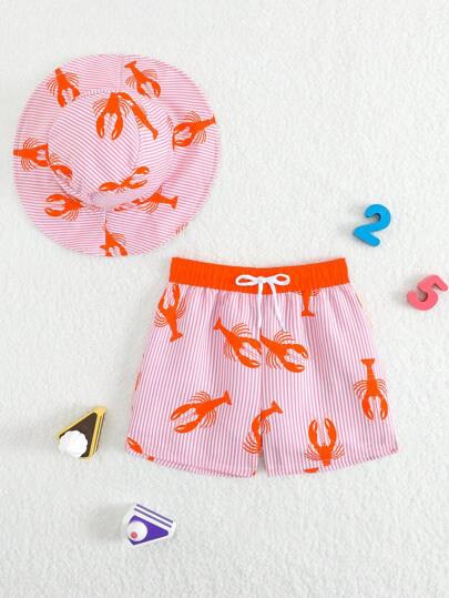 طقم شورت الحماية من الشمس وقبعة السباحة المزينة بأشكال الجمبري المخططة لطفل صبي، 2 قطعة