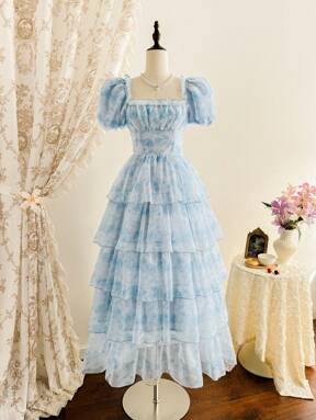 Vintamour Vintage Elegant Women's Long Floral Print Bodycon Dress, Spring/Summer, Blue Multilayer Ruffle Hem Maxi Dress