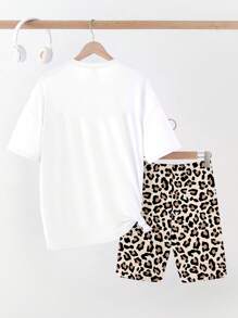 SHEIN 女式休闲创意豹纹蝴蝶结辫子图案印花 T 恤和骑行短裤套装，兄弟姐妹装搭配服装（2 套单独出售）