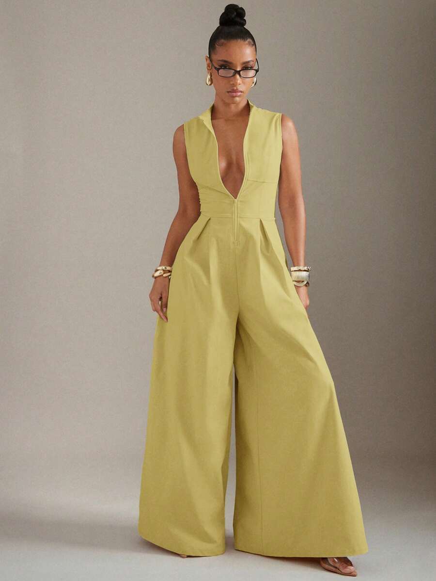 Hauture Extreme Wide Leg Zip Front Sleeveless Jumpsuit