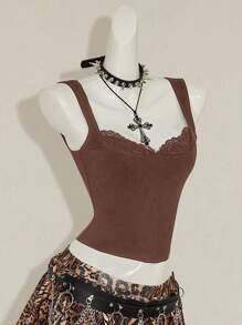 SHEIN ICON Top sin mangas de color liso para mujer, moda para el 4 de julio - Café integral - Ver 3
