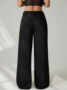 SHEIN PETITE Pantalones informales de cintura baja de color liso, moda adecuada para el verano - Negro - Ver 2