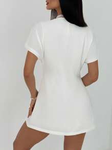Aloruh New Stylish Simple Commuter Solid White Deep V-Neck Waist Fitted A-Line Dress - White - View 2