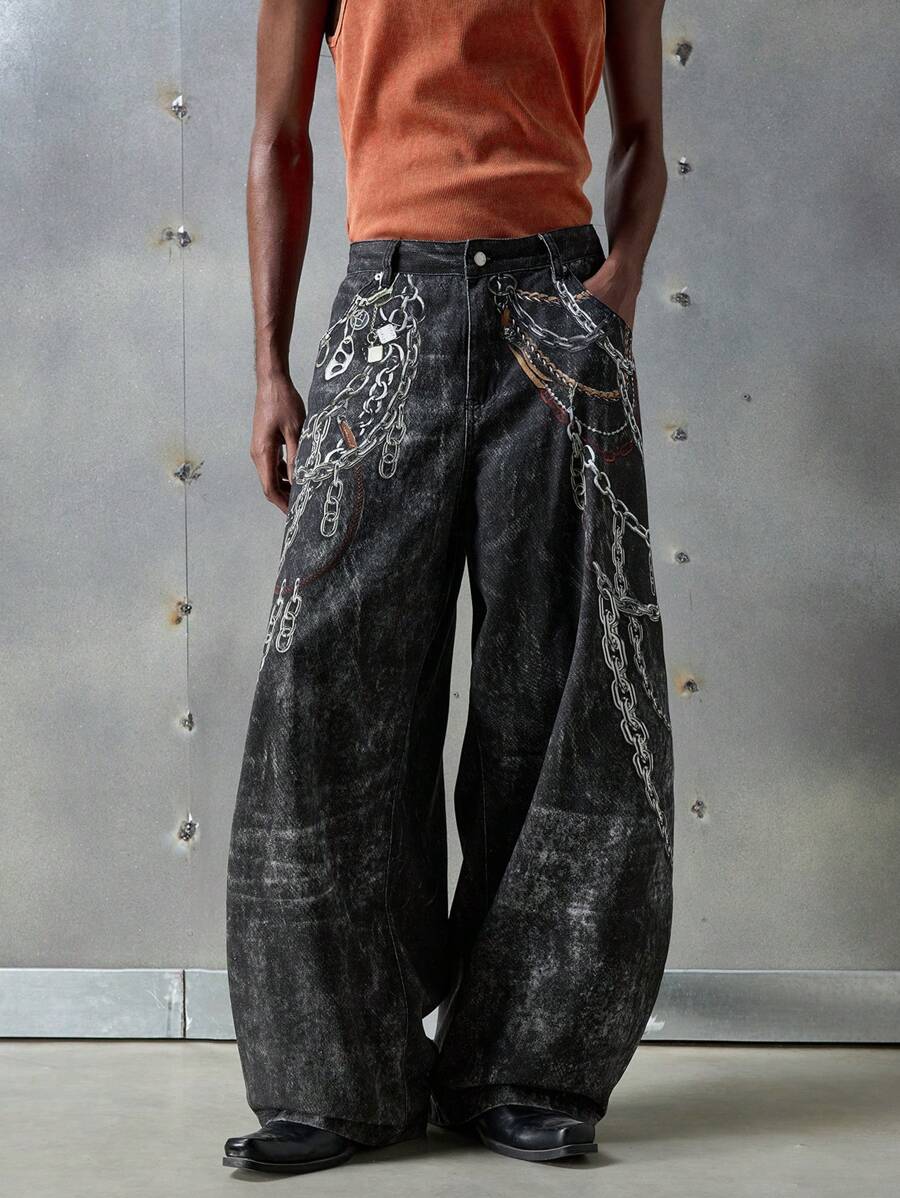 Manfinity VCAY 男式街头时尚梭织长款宽松数码印花仿链条牛仔裤 - 黑色 - 查看 1