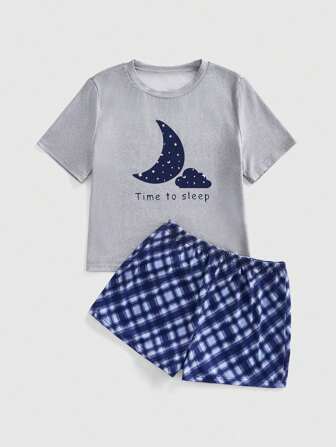 Goth Ensemble pyjama t-shirt manche courte lune gothique et short écossais, décontracté