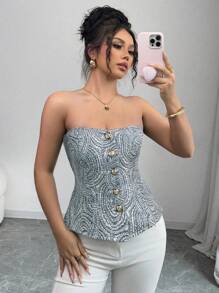 Firerie Women's Elegant Navy Blue And White Floral Jacquard Button Camisole Top,Vintage Blouse For Summer,Date,Commute,,Music Festival, - Blue - View 1