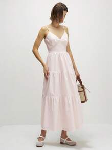 INAWLY Women's Solid Color Ruffle Hem Casual Slip Dress - Baby Pink - View 4