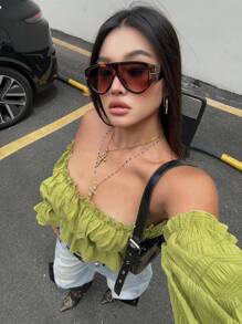 SHEIN CURVE+ 纯色短款镂空可爱休闲衬衫 - 綠色 - 查看 5